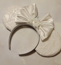 Load image into Gallery viewer, White satin and lace bridal inspired Mickey ears headband