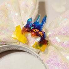 Load image into Gallery viewer, White velvet and rainbow flower sparkle ears headband