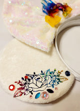 Load image into Gallery viewer, White velvet and rainbow flower sparkle ears headband