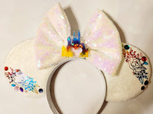 Load image into Gallery viewer, White velvet and rainbow flower sparkle ears headband