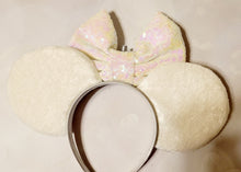 Load image into Gallery viewer, White velvet and rainbow flower sparkle ears headband