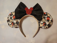 Load image into Gallery viewer, Mickey Mouse ears with black sparkle bow and red Mickey silhouette embellishment
