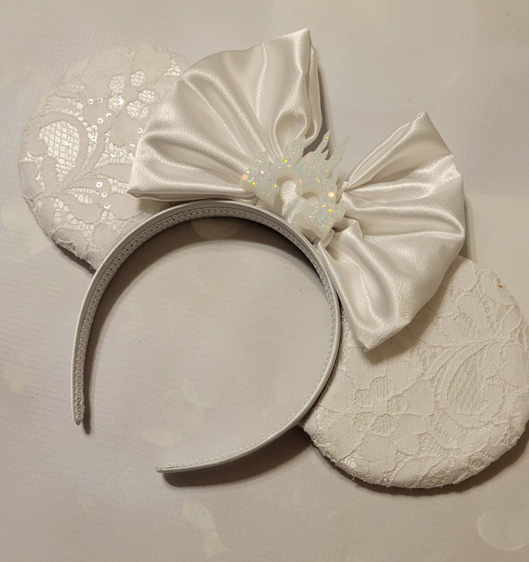 White satin and lace bridal inspired Mickey ears headband