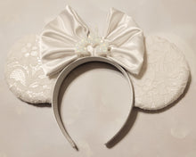 Load image into Gallery viewer, White satin and lace bridal inspired Mickey ears headband
