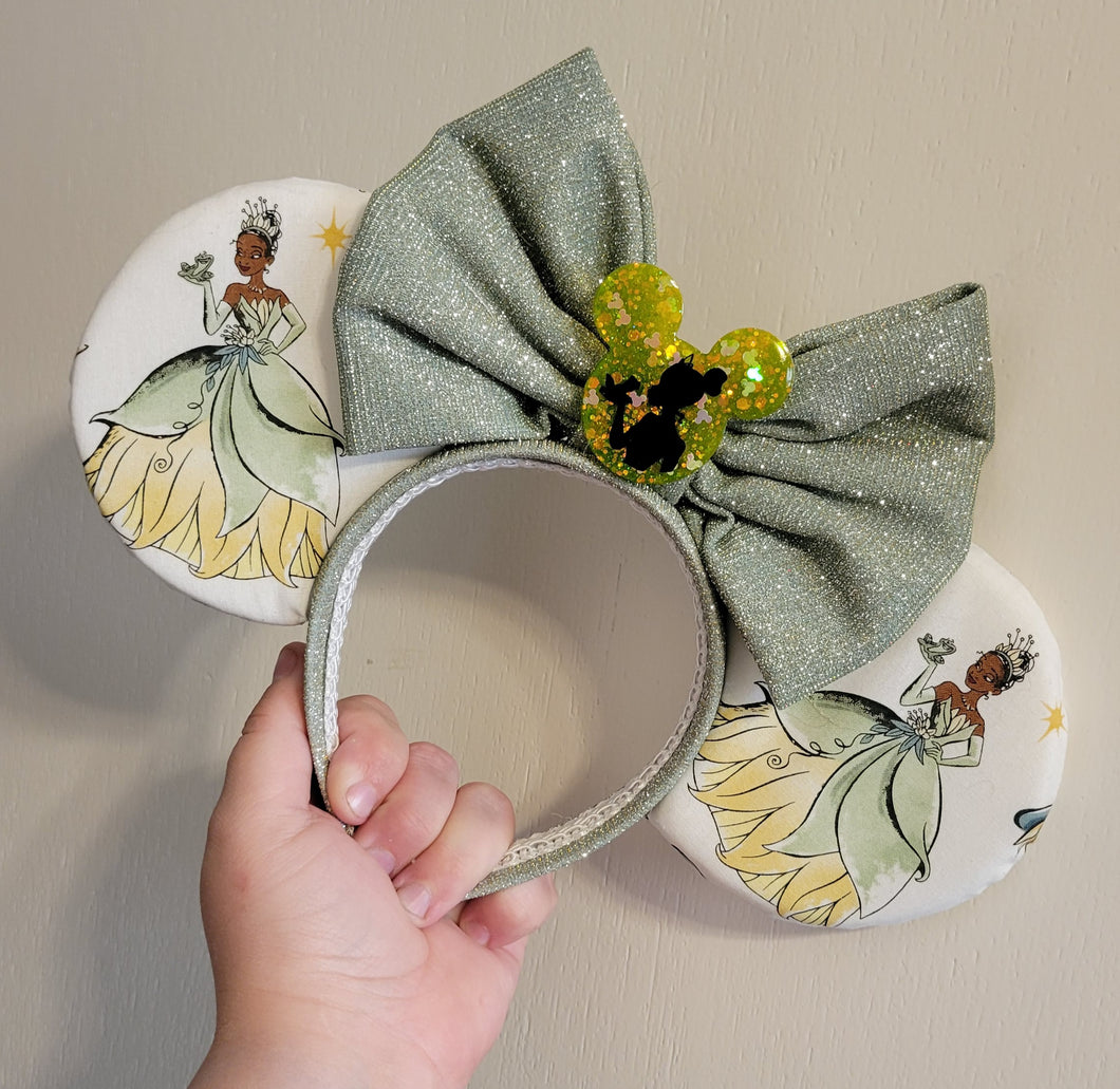 Princess Tiana with her frog Prince Mickey ears headband