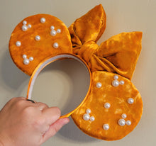 Load image into Gallery viewer, Orange velvet Mickey ears with pearl accents
