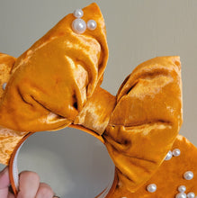 Load image into Gallery viewer, Orange velvet Mickey ears with pearl accents
