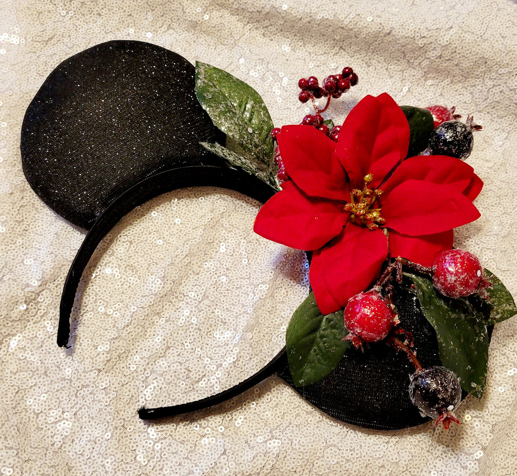 Poinsettia glitter Mickey ears headband