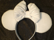 Load image into Gallery viewer, White velvet with silver glitter Mickey ears with puffy bow

