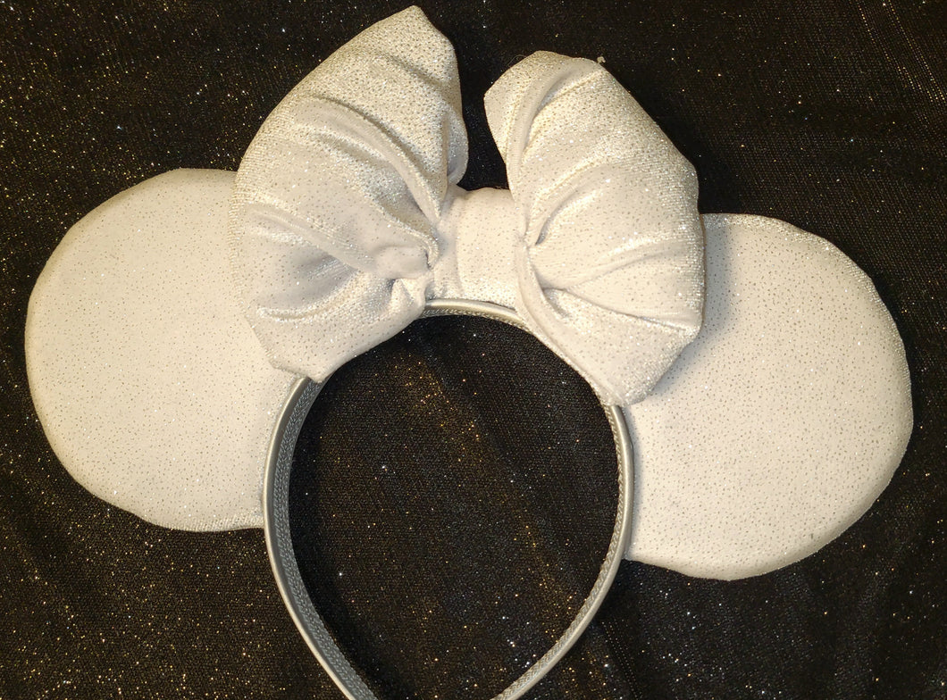 White velvet with silver glitter Mickey ears with puffy bow