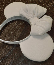 Load image into Gallery viewer, White velvet with silver glitter Mickey ears with puffy bow
