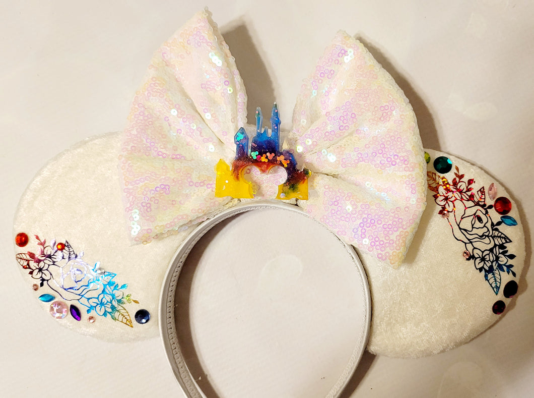 White velvet and rainbow flower sparkle ears headband